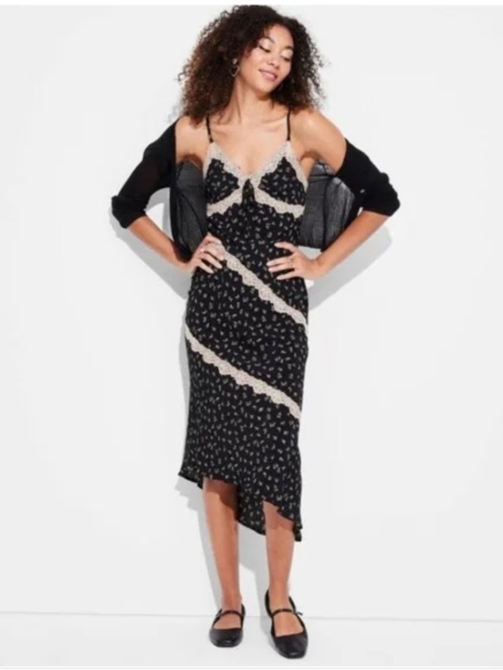 Wild Fable Black Slip Midi Dress with Cream Lace Trim Size Medium